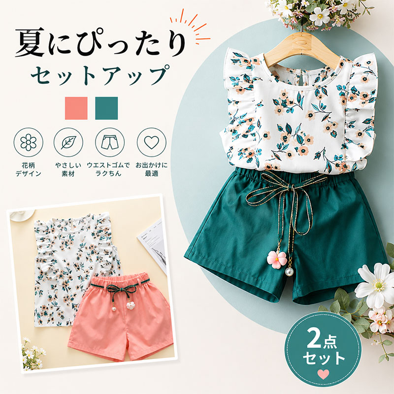 キッズ セットアップ 女の子 夏服 花柄 ノースリーブ 上下セット