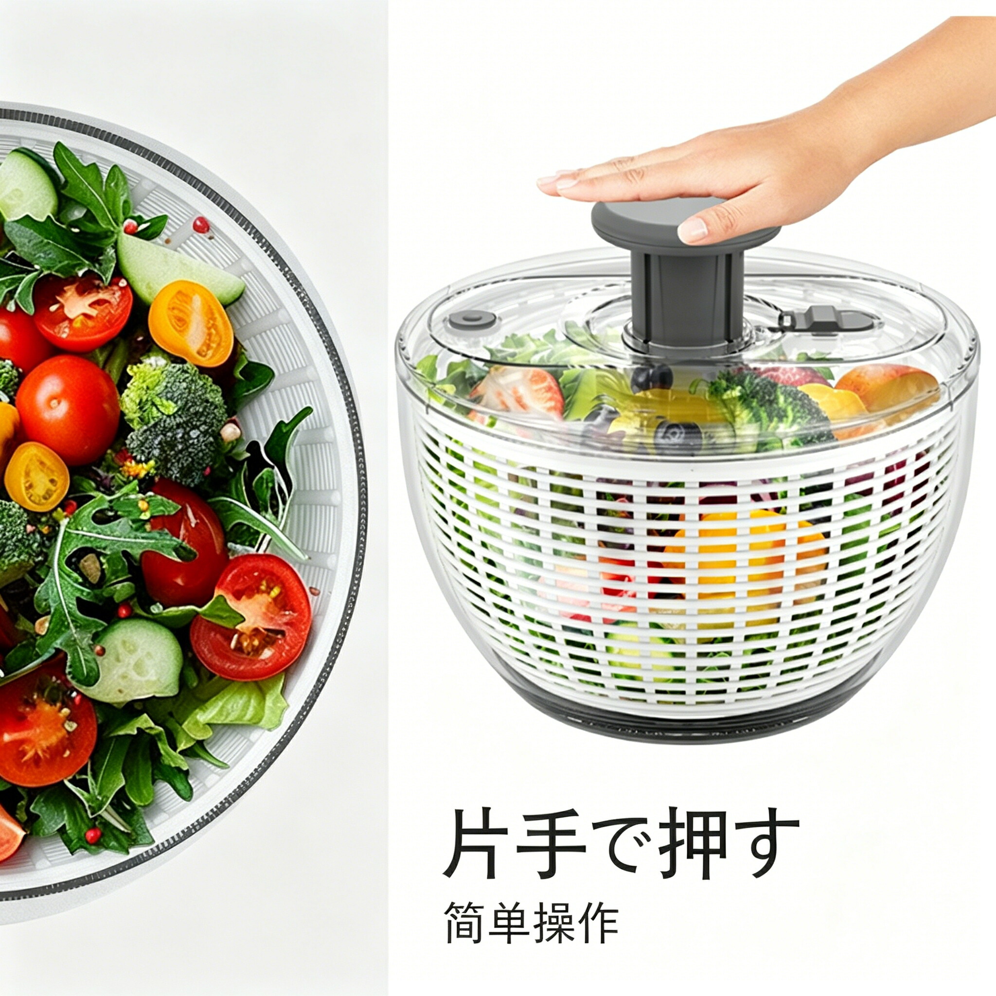 サラダスピナー 回転式 野菜水切り器 S/Mサイズ展開 透明ボウル ざる一