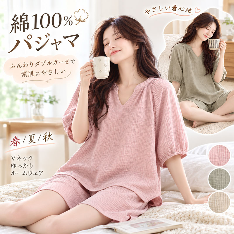 レディースウェア TaMa パジャマ レディース 綿 ダブルガーゼ 長袖 上下セット ルームウェア