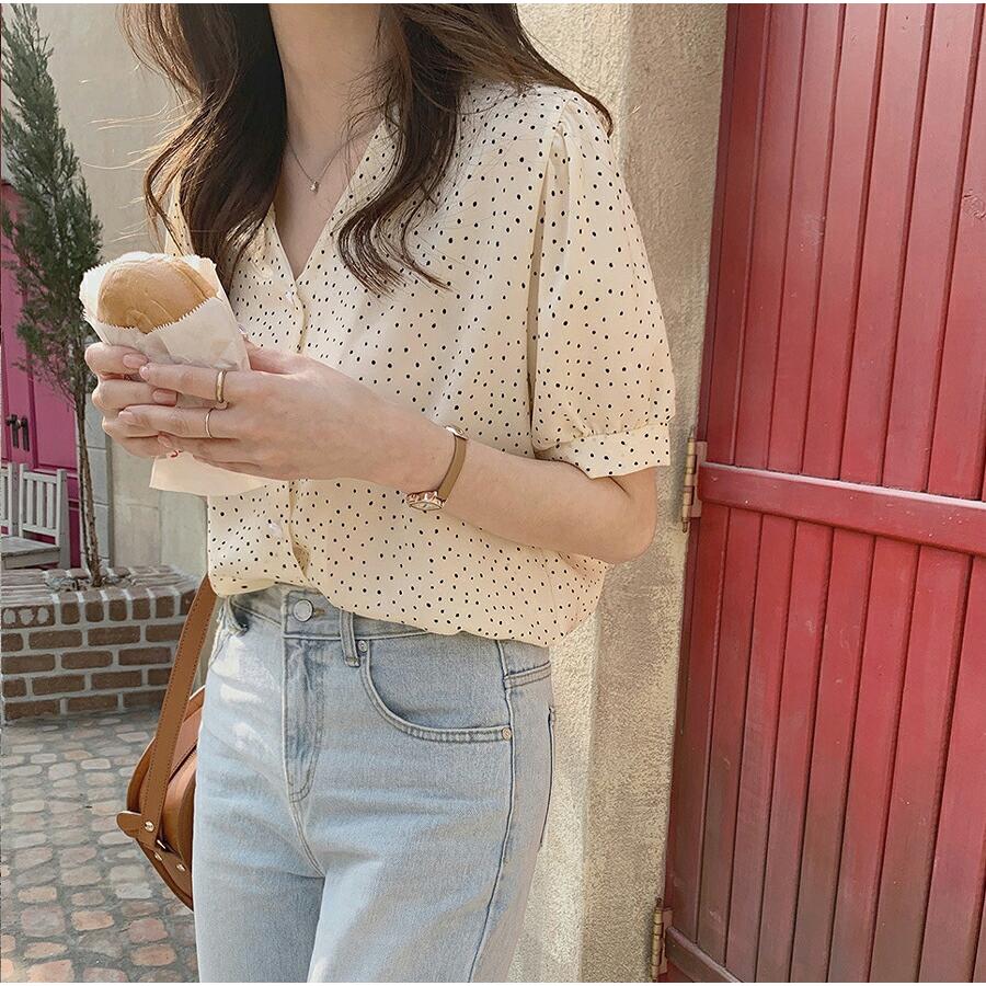 美品✨ セオリーリュクス シフォンブラウス (38)ドット 半袖 Vネック レディース 春夏 半袖ブラウス 水玉柄 ドット Vネック シフォン素材