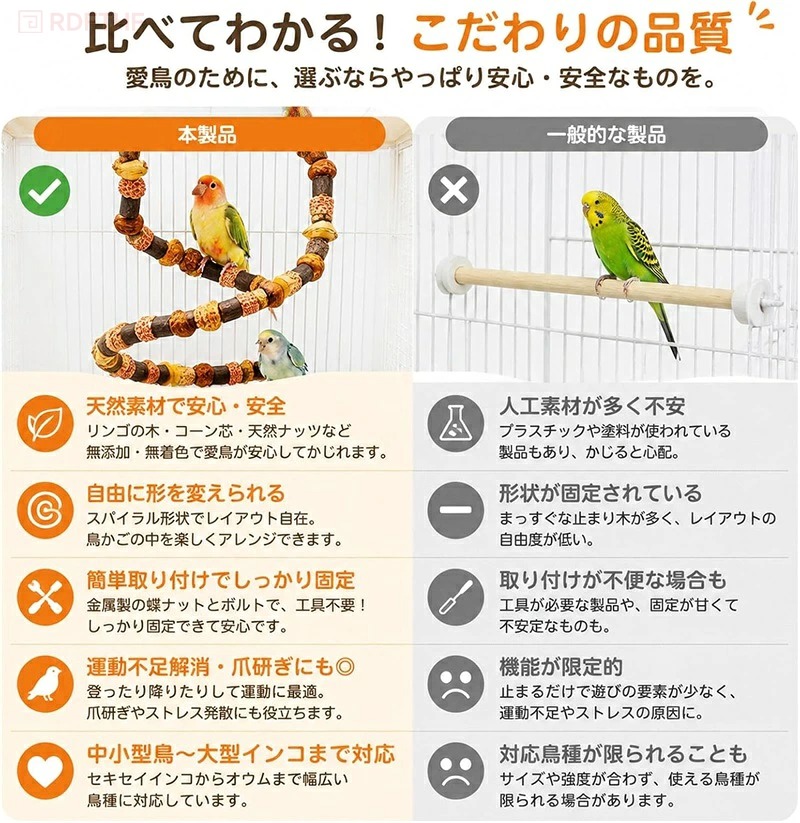 鳥用パーチ インコ用 止まり木 木製 曲がる スパイラルパーチ ケージ用