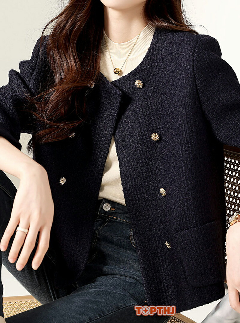 ツイードジャケット レディース 40代 長袖ノーカラージャケット 黒