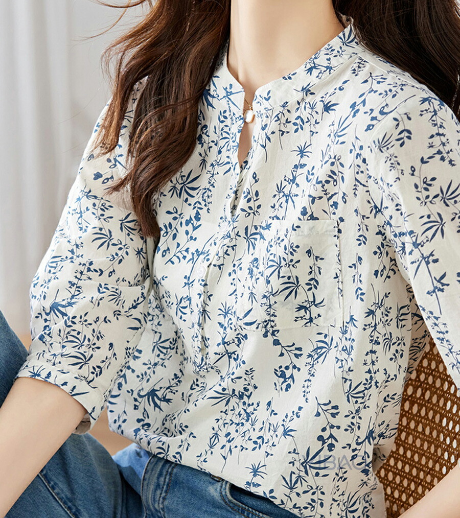 ☆新品タグ付 ブルーフロンセ フランス生地 ボタニカル柄 ブラウス『38』☆ シャツ ブラウス レディース トップス プリントブラウス 七分袖 長袖