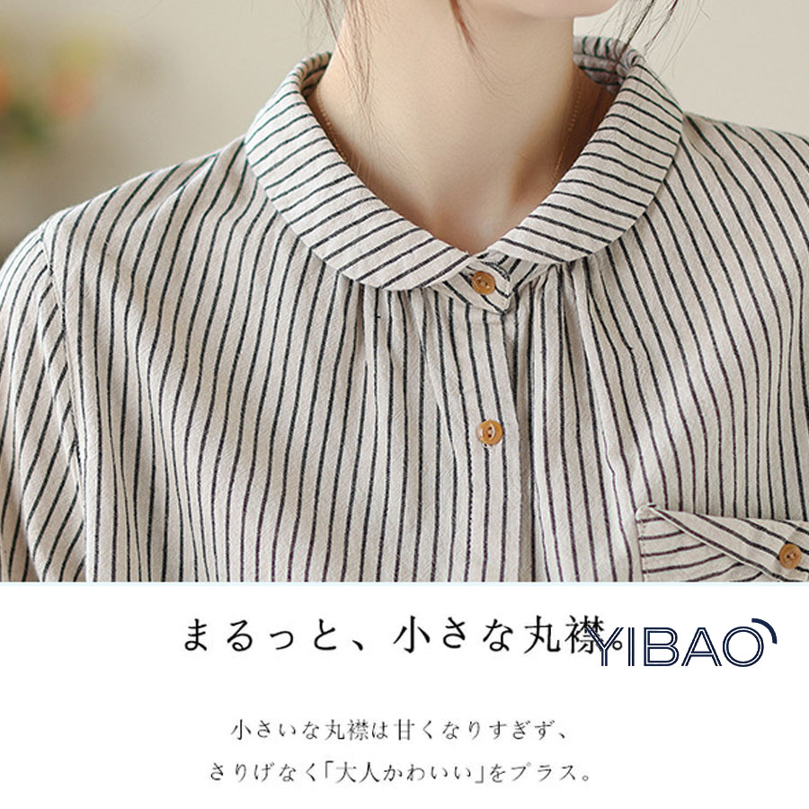 襟付きシャツ レディース ブラウス 長袖ストライプ柄 シャツ 丸襟 綿麻