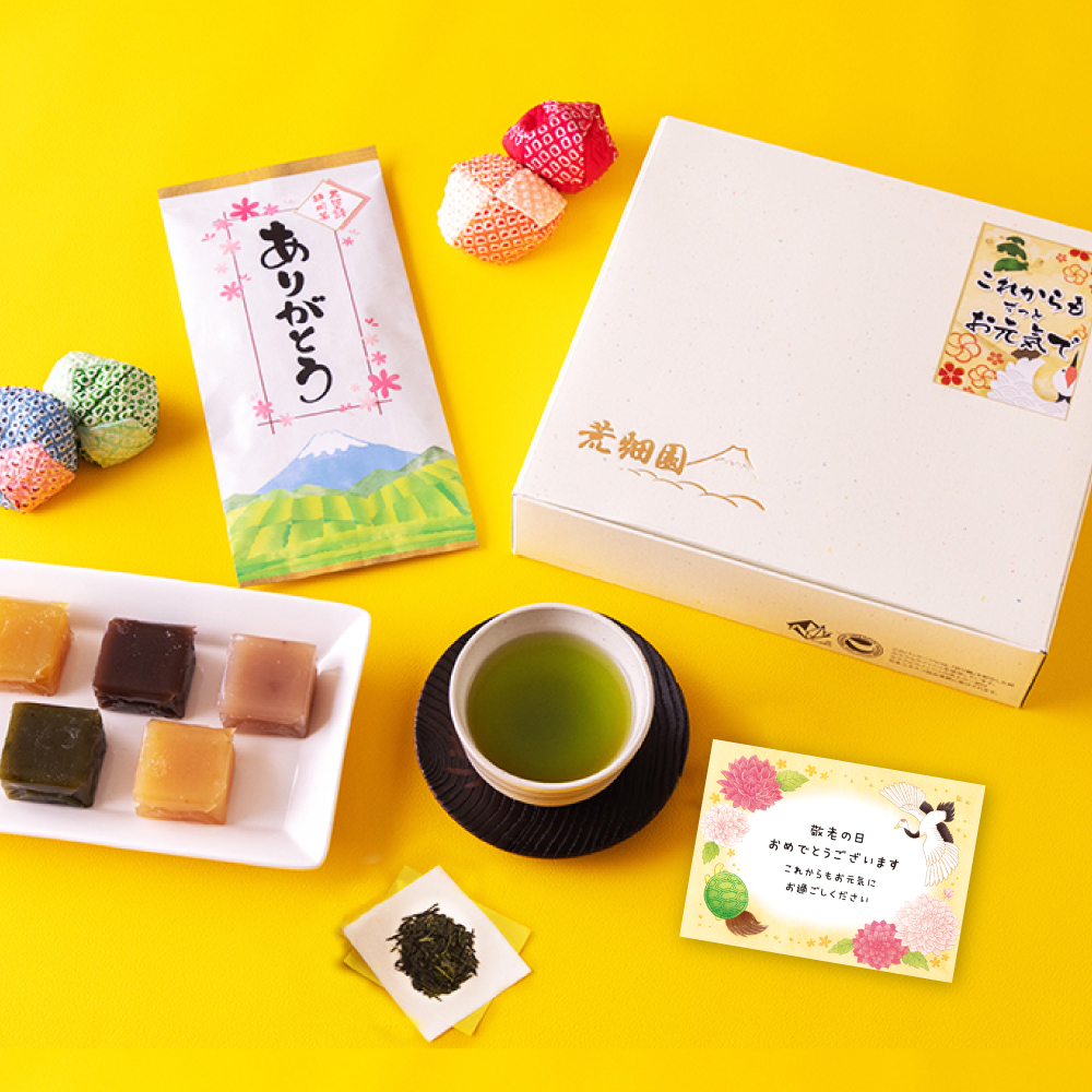 敬老の日 ギフト 早割 2026 プレゼント スイーツ お茶 緑茶 和菓子 60代 70代 静岡茶＆選べるスイーツ 茶どら・羊かん  ポイント利用 爆買 | お茶の荒畑園 | 02