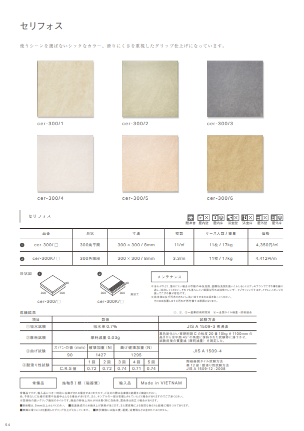 セリフォス 階段用 溝加工 タイル 300角 玄関床・屋外床 (全6色)11枚入