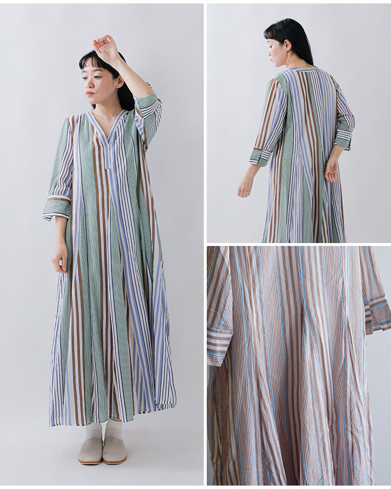 ヌキテパ コットン ドビー ストライプ ソリッドネック ギャザー ドレス
