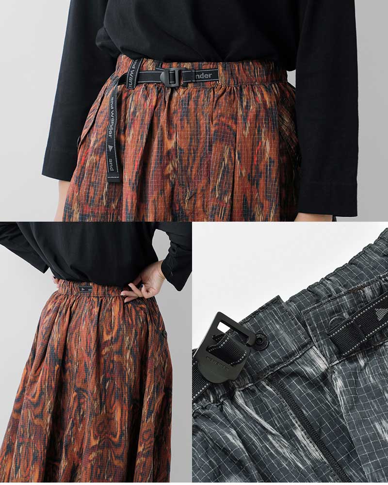 and wander アンドワンダー プリント リップストップ カーゴ スカート