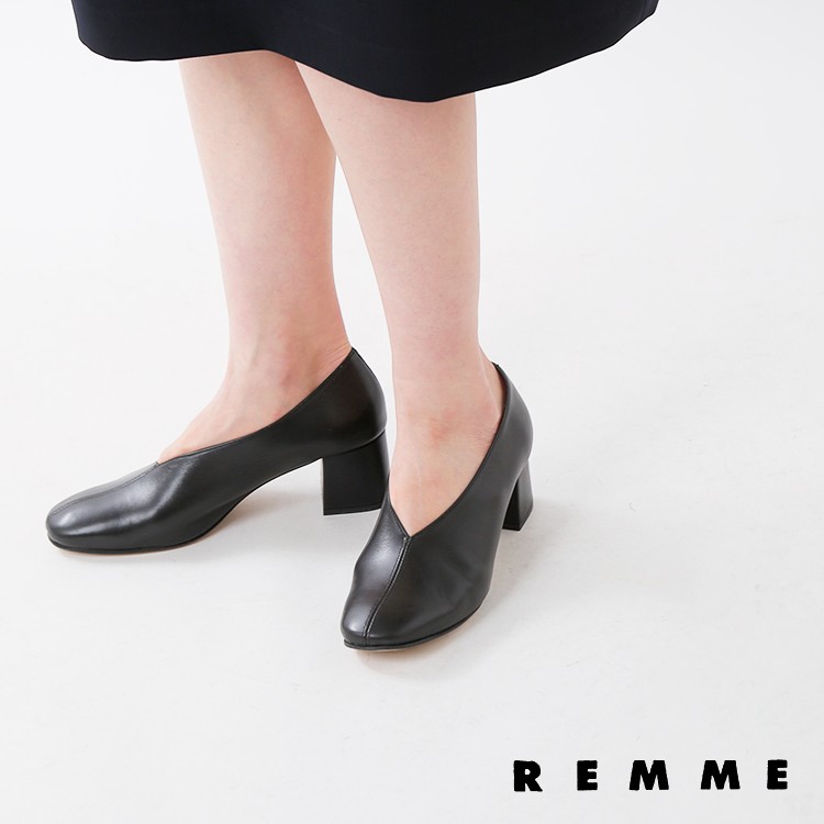 REMME レメ 甲深レザーチャンキーヒールパンプス 6433