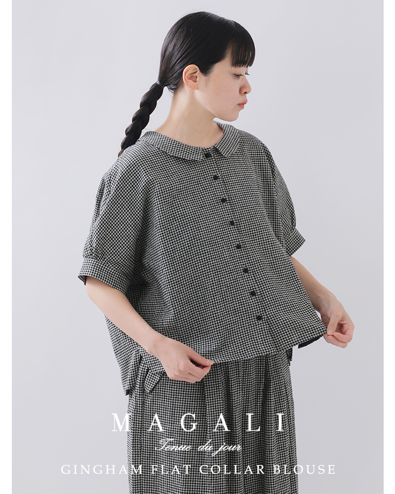 magali コットンリネンフラットカラーコート　ブルー MAGALI 【20%OFF】マガリ リネン コットン ギンガム フラット