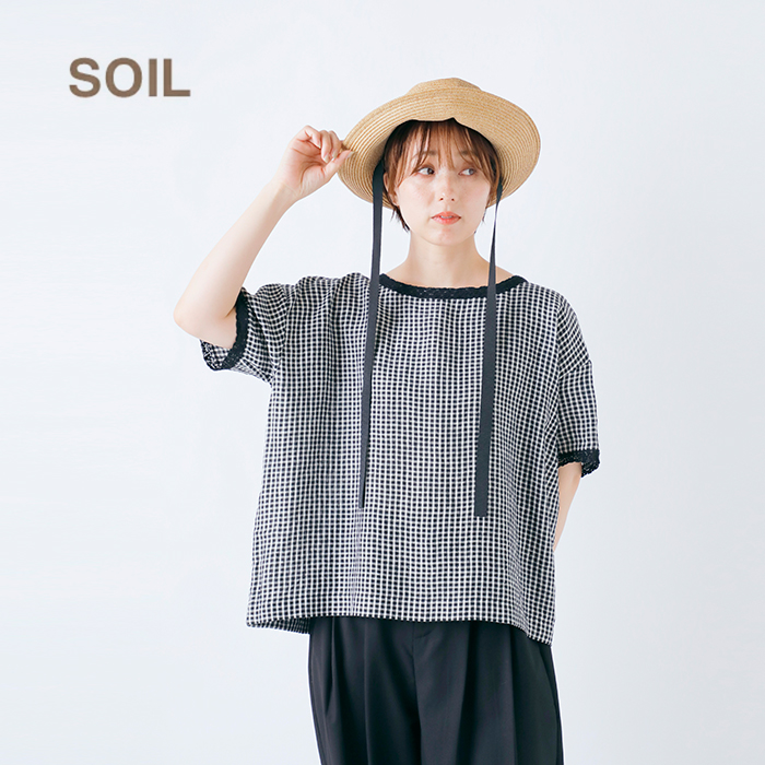 SOIL(ファッション) ソイル SOIL リネン チェック ボートネック