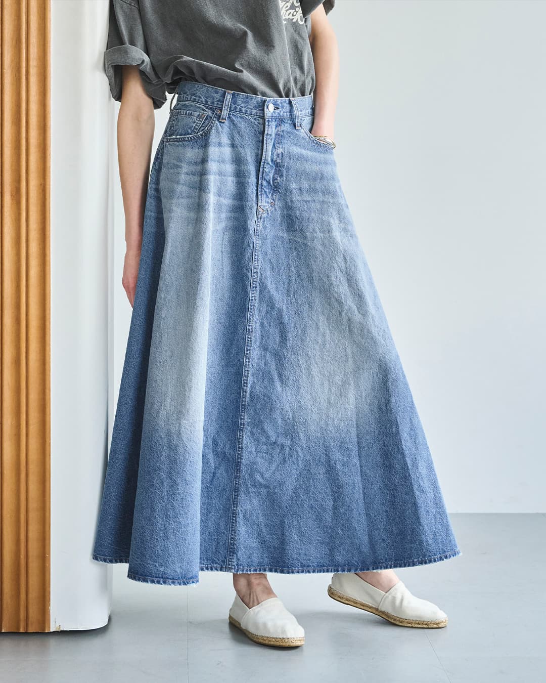 白玉　デニムロングスカート kha:ki（カーキ） kha:ki 8oz 綿麻 デニム フレア ロングスカート