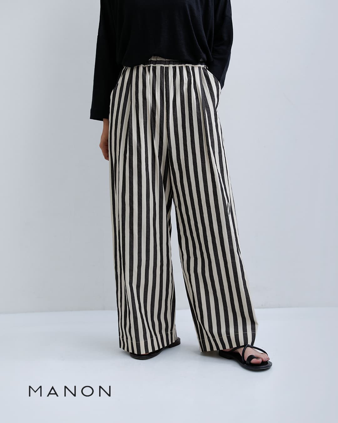 MANON（マノン） コットン リネン ストライプ イージーパンツ STRIPE