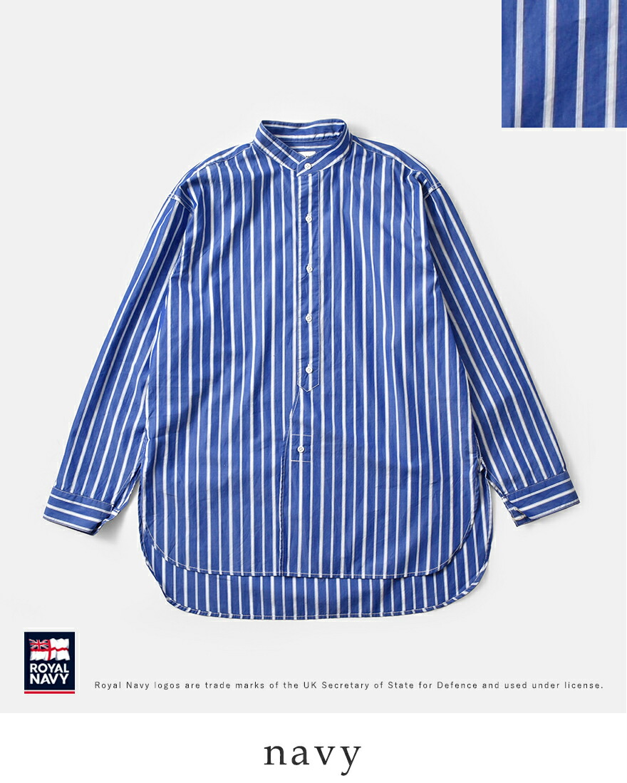  NAVY ■■ ① RN99SWBS83 コットン バンドカラー ストライプ シャツ レディース ブルー 1 ROYAL NAVY｜コットン バンドカラー ストライプ 長袖シャツ rn99swbs83