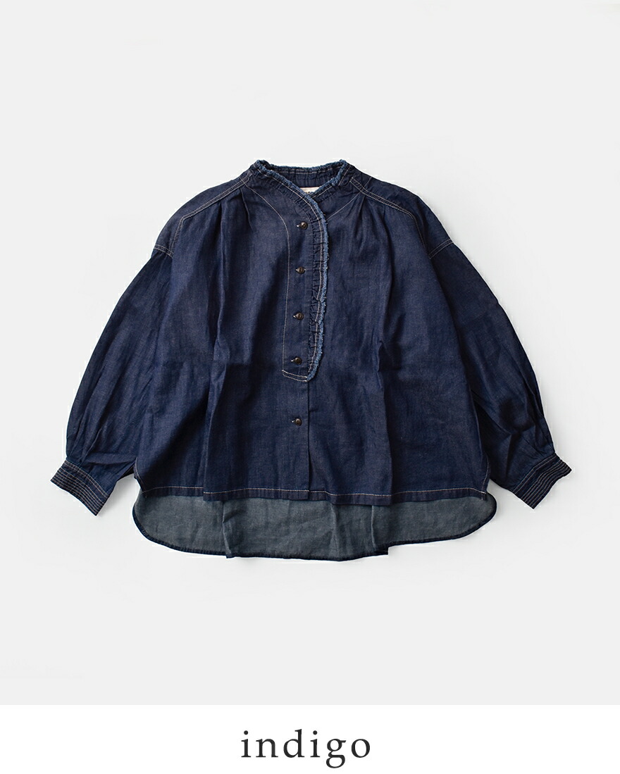 tumugu（ツムグ） 4.5oz コットン リネン デニム フリル シャツ