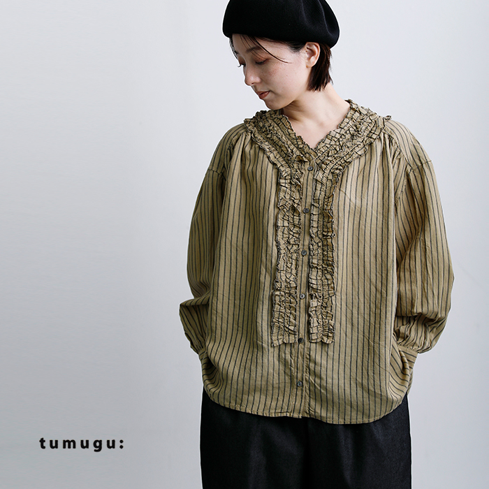 tumugu（ツムグ） ストライプ フリル ブラウス tb26101-b レディース