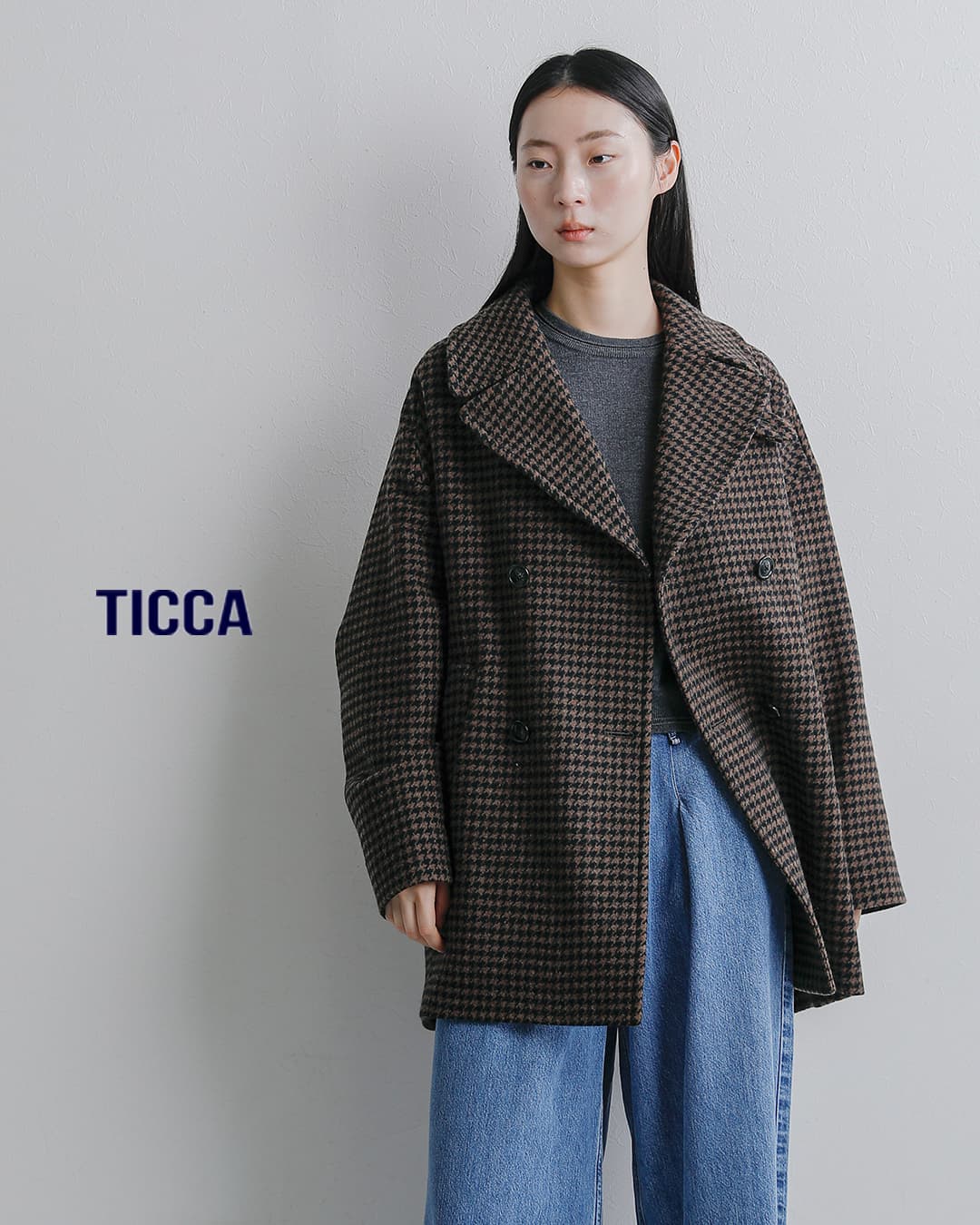 TICCA(ティッカ)ウール ハウンドトゥース ピーコート tbfa-212