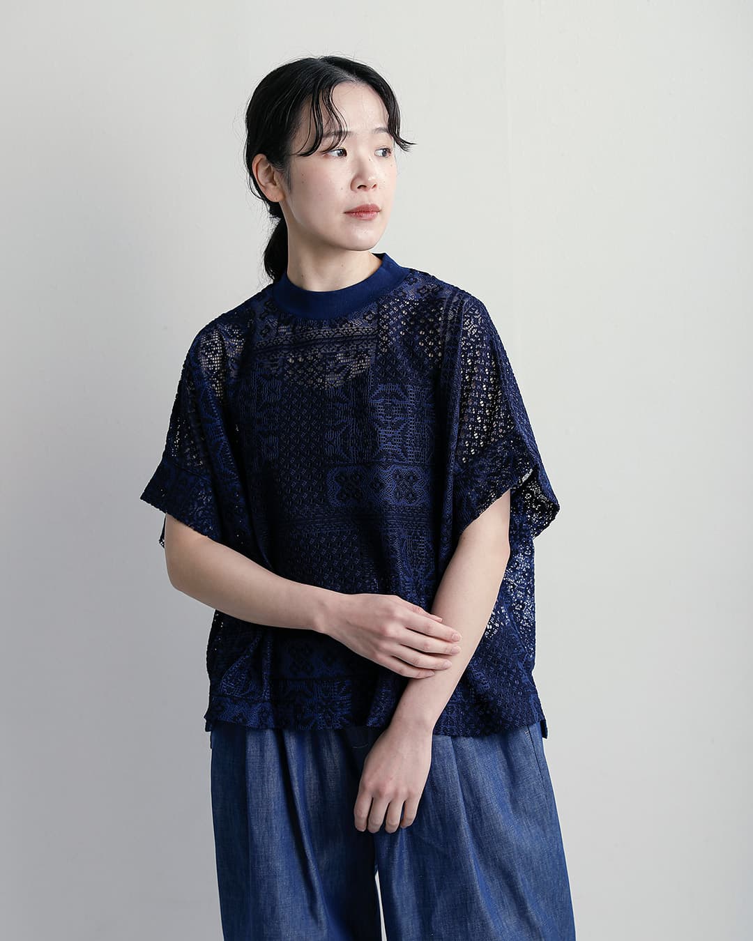 ティシュ tissu パッチワークレース モックネック ドルマン Tシャツ