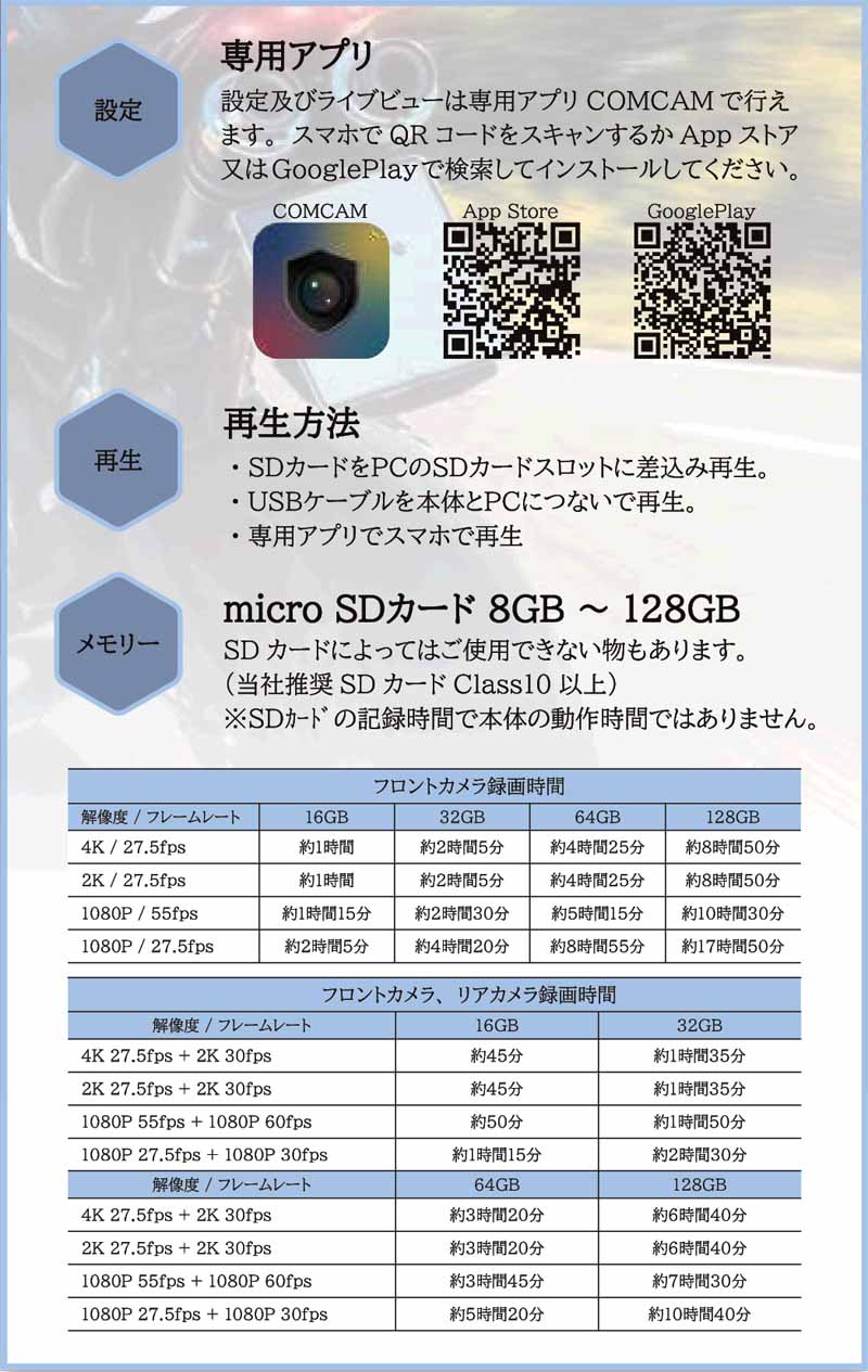前後撮影のバイク用ドライブレコーダー