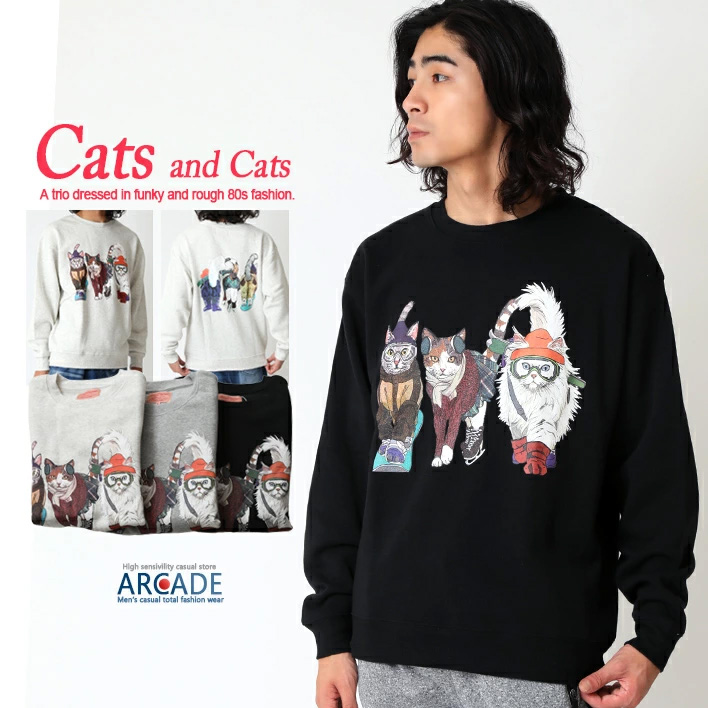 ARCADE（アーケード） 裏起毛 トレーナー ネコ 猫 メンズ 長袖
