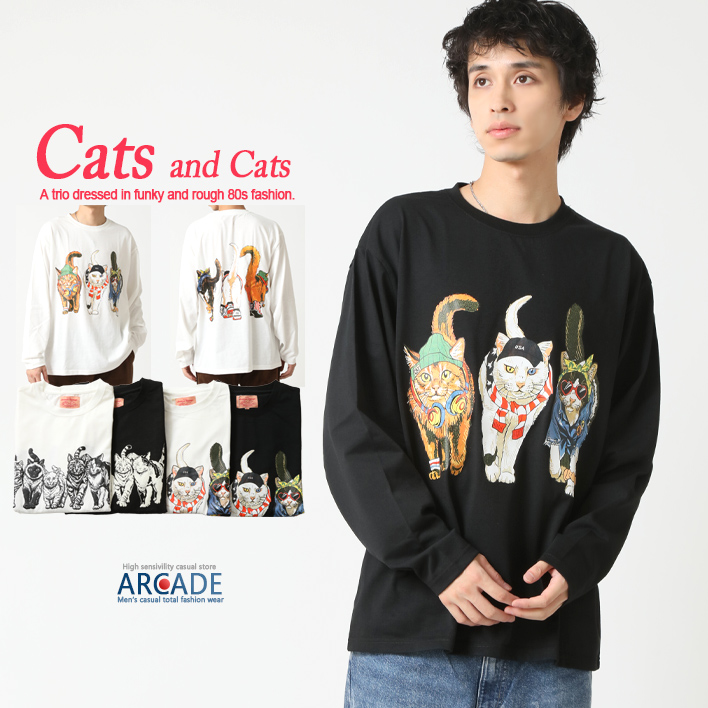tシャツ 長袖 メンズ 猫プリントTシャツ フロント バックプリント 長袖Ｔシャツ アニマル前後 猫 キャット ロンT トップス 2025秋冬 新作/爆買 | ARCADE