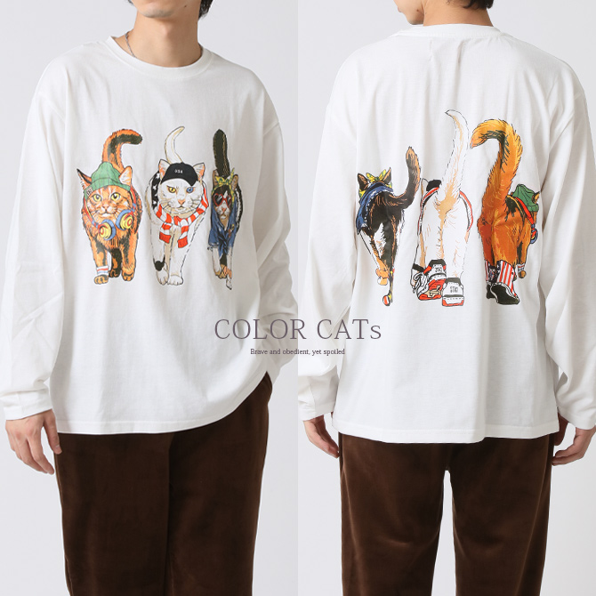 tシャツ 長袖 メンズ 猫プリントTシャツ フロント バックプリント 長袖Ｔシャツ アニマル前後 猫 キャット ロンT トップス 2025秋冬 新作/爆買 | ARCADE | 07