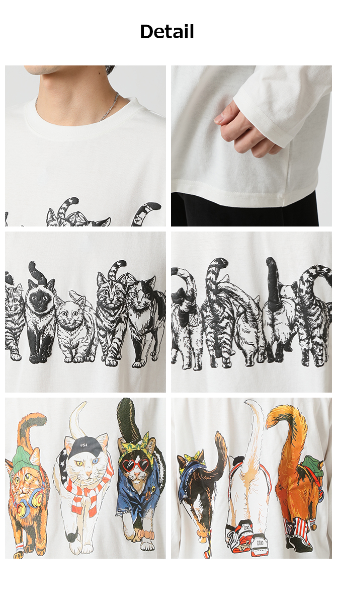 tシャツ 長袖 メンズ 猫プリントTシャツ フロント バックプリント 長袖Ｔシャツ アニマル前後 猫 キャット ロンT トップス 2025秋冬 新作/爆買 | ARCADE | 12