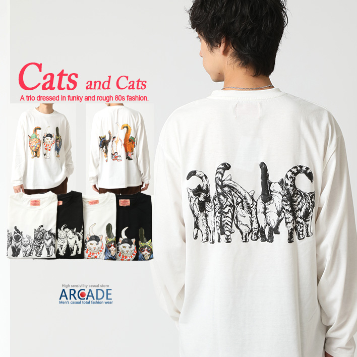tシャツ 長袖 メンズ 猫プリントTシャツ フロント バックプリント 長袖Ｔシャツ アニマル前後 猫 キャット ロンT トップス 2025秋冬 新作/爆買 | ARCADE | 03