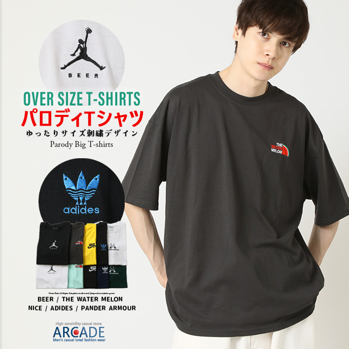 Tシャツ メンズ オーバーサイズ パロディ半袖Tシャツ アジデス ワンポイント 刺繍 アメカジ 半袖tシャツ トップス | ARCADE | 01
