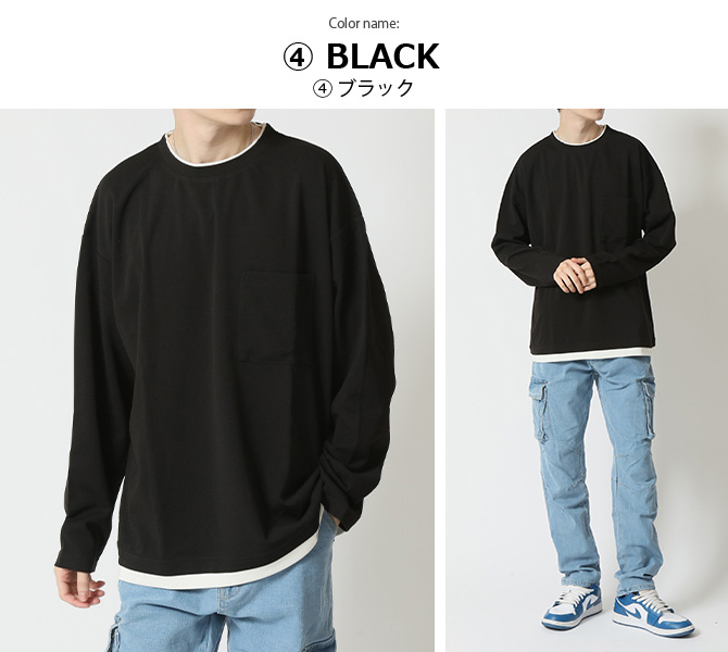 半額セール UVカット 重ね着風 ポケTシャツ メンズ 長袖 ロンT ロングTシャツ ビッグシルエット ストレッチ 梨地 フェイクレイヤード 無地T 梨地 胸ポケ 春 | ARCADE | 11