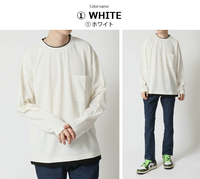 半額セール UVカット 重ね着風 ポケTシャツ メンズ 長袖 ロンT ロングTシャツ ビッグシルエット ストレッチ 梨地 フェイクレイヤード 無地T 梨地 胸ポケ 春 | ARCADE | 08