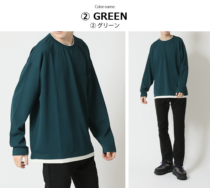 半額セール UVカット 重ね着風 ポケTシャツ メンズ 長袖 ロンT ロングTシャツ ビッグシルエット ストレッチ 梨地 フェイクレイヤード 無地T 梨地 胸ポケ 春 | ARCADE | 09