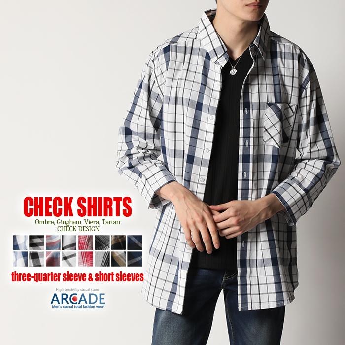 チェックシャツ メンズ 半袖 七分袖 半袖シャツ トップス カジュアル