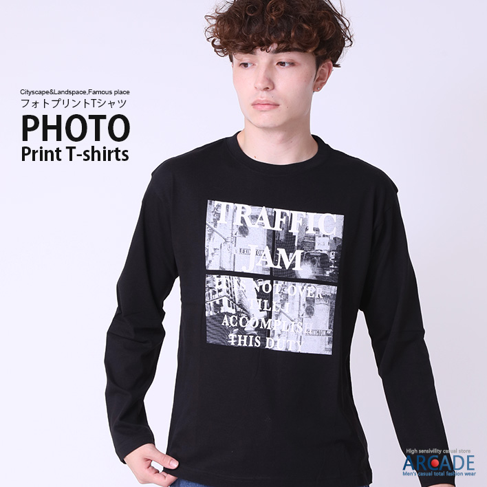 ARCADE tシャツ メンズ 長袖 フォトプリント ロンT 長袖Tシャツ