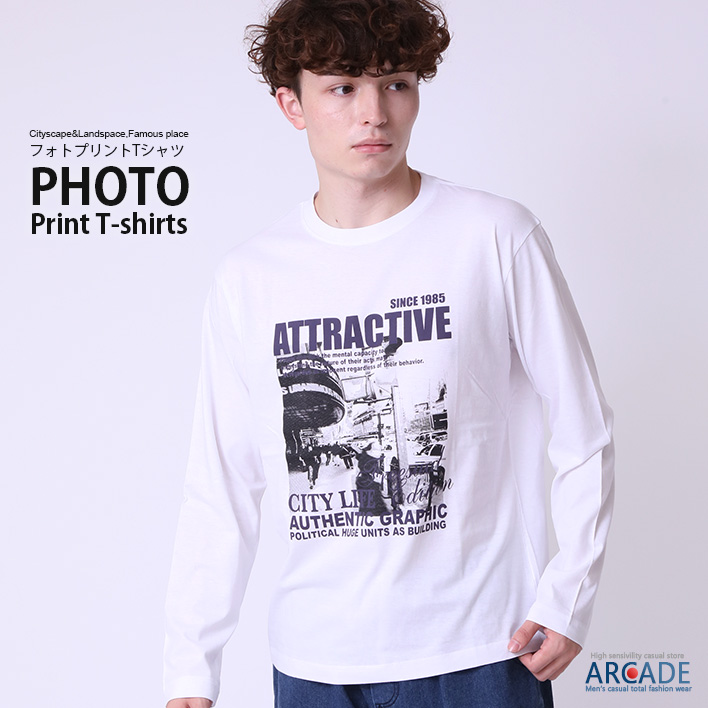 ARCADE tシャツ メンズ 長袖 フォトプリント ロンT 長袖Tシャツ
