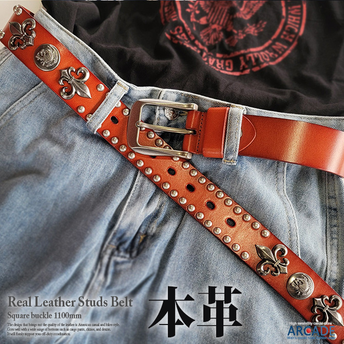 USA製　アメリカ　レザーベルト　スタッズレザー　ヴィンテージ　ブラック Vintage Works ヴィンテージワークス Leather belt 5Hole Made