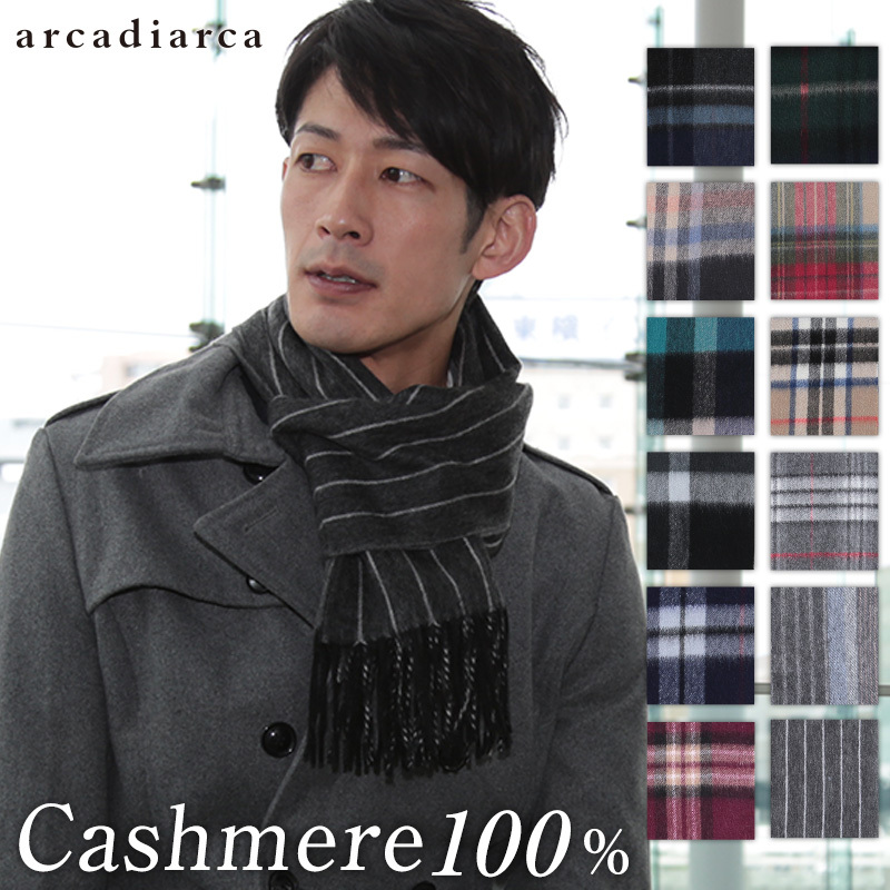 カシミヤ マフラー メンズ 柄 カシミヤ100% フリーサイズ (カシミア 暖かい ビジネス 紳士 男性 薄手 大判 プレゼント ストライプ 秋冬) (送料無料) (在庫限り)