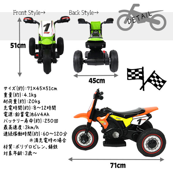 電動乗用バイク トライク グリーン [GTM3388] 充電式 乗用玩具 モトクロス 子供 三輪車 キッズバイク プレゼント