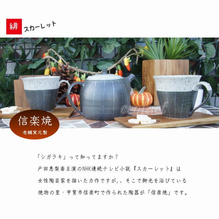 新品未使用　信楽焼宗陶窯　茶器8点セット　パンフレット付き　(匿名配送) おしゃれ 急須 ティーポット 500cc「ストライプ」信楽焼（しがらきやき