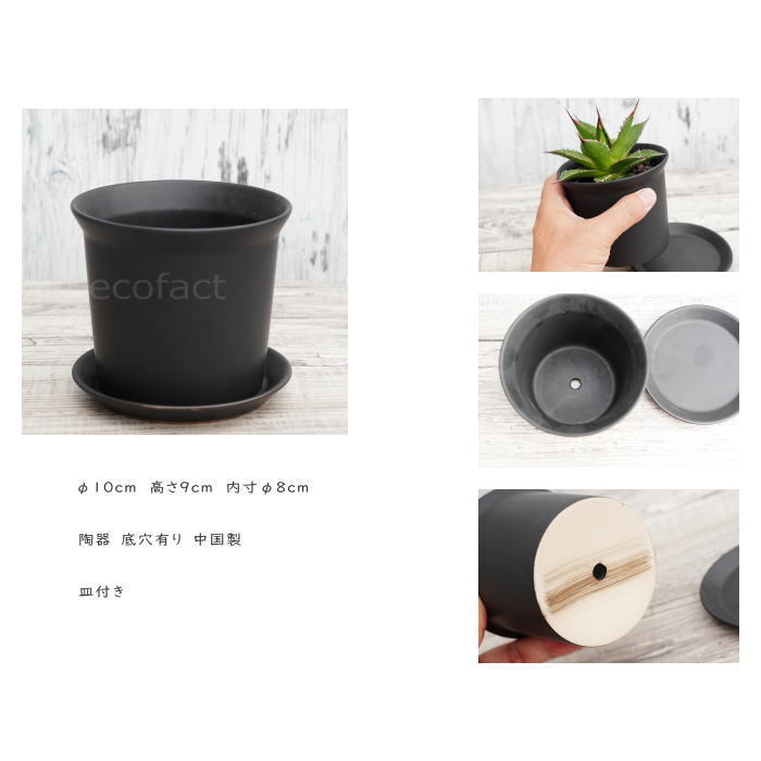 陶器鉢 植木鉢 ミニポット ZZ 黒ブラック φ10cm 皿付 おしゃれ