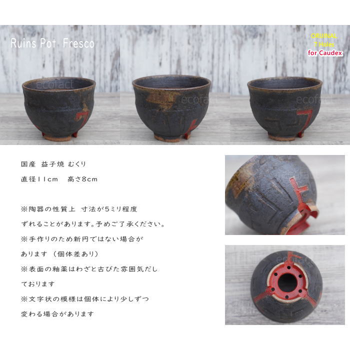 陶器鉢 植木鉢 小鉢 底穴あり 益子焼 Ruins Pot Fresco むくり φ11cm
