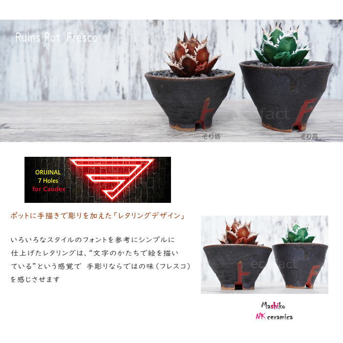 陶器鉢 植木鉢 小鉢 底穴あり 益子焼 Ruins Pot Fresco そり低 φ12cm