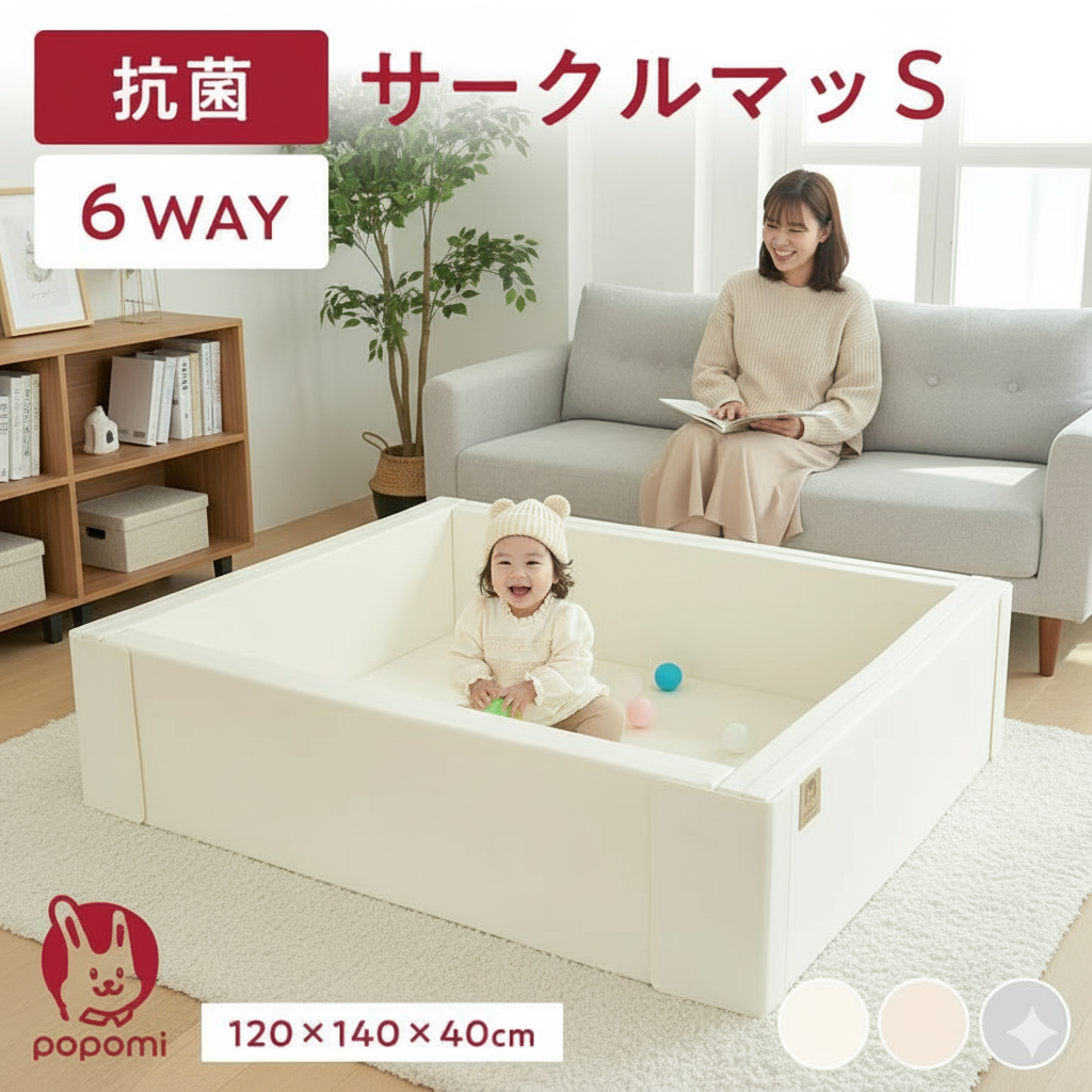 ベビーサークル　サークルマット popomi（ポポミ） 抗菌 サークルマット 88×128×44cm ベビーサークル