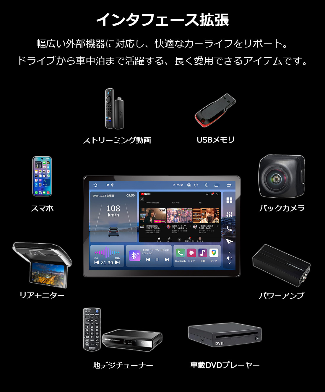 PORMIDO ディスプレイオーディオ 13.3インチ android13 HDMI入出力