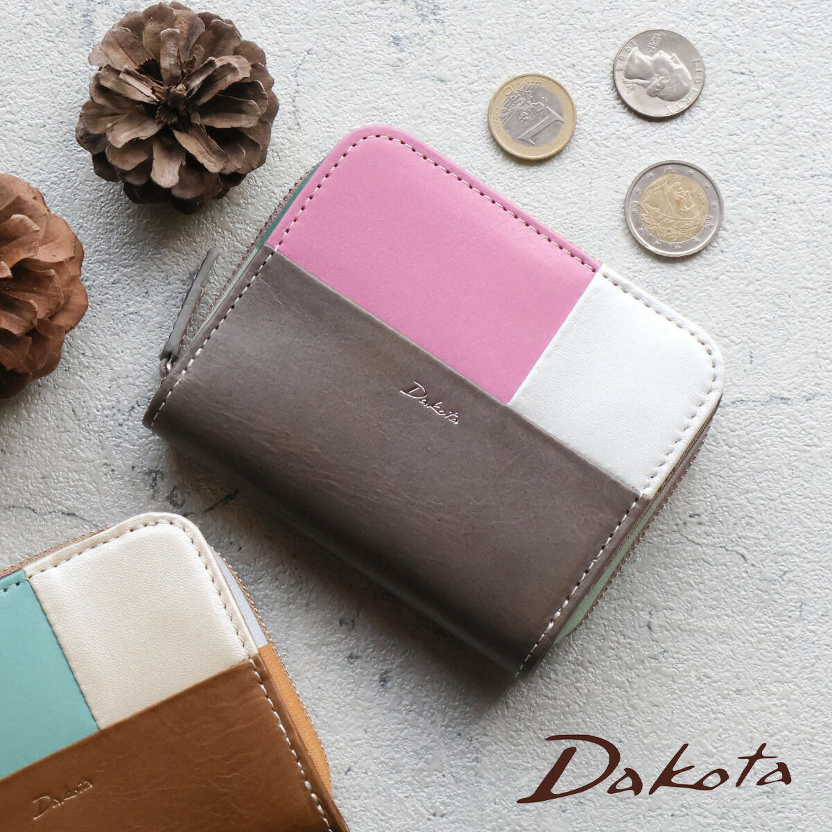 Dakota 二つ折り財布 ラウンドファスナー小銭入れ パッチワーク モダン