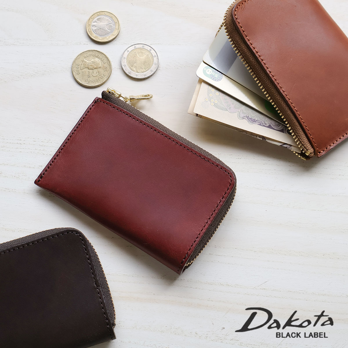 Dakota ダークブラウン レザー L字財布 Dakota（ダコタ） ミニ財布 薄型 L字ファスナー 牛革 経年変化