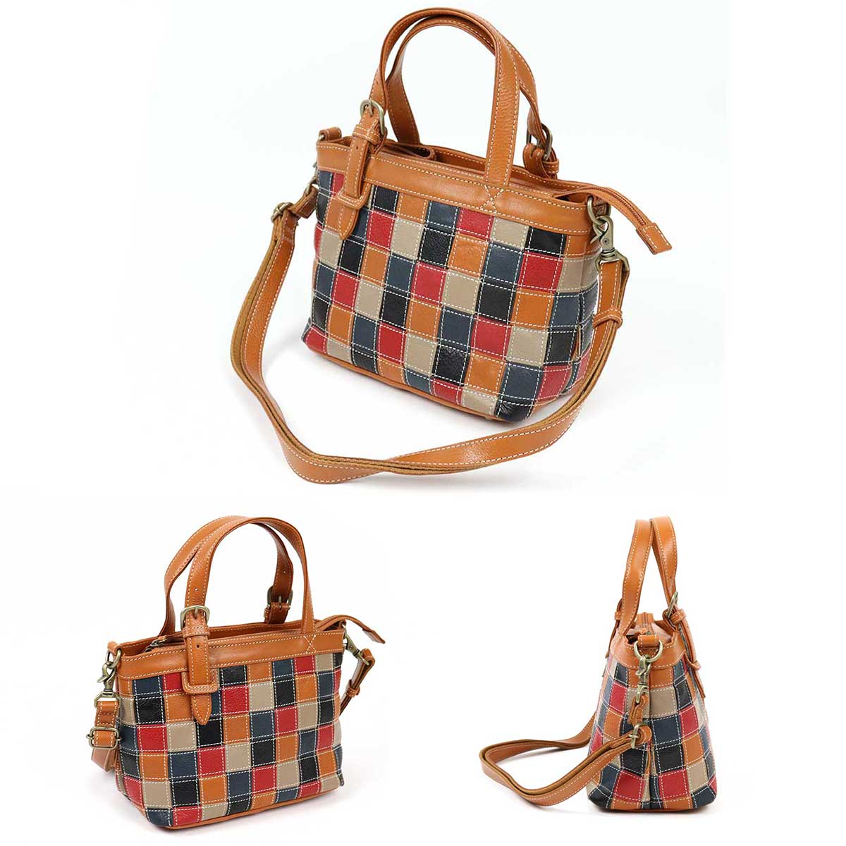 新品】HOUDY メンズ 本革 パッチワーク 2way ショルダートートバッグ