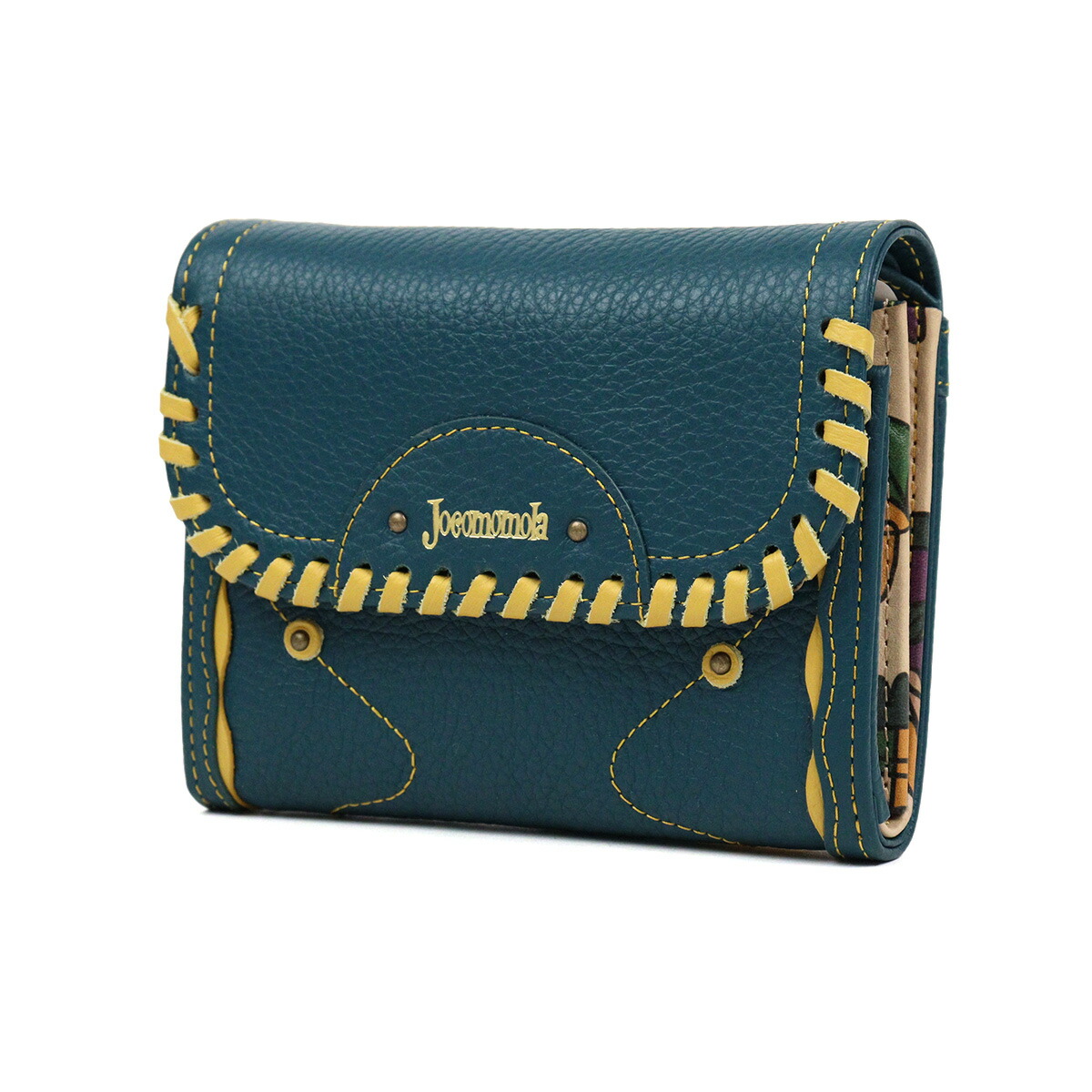 Jocomomola（ホコモモラ） 二つ折り財布 かぶせデザイン 革かがり