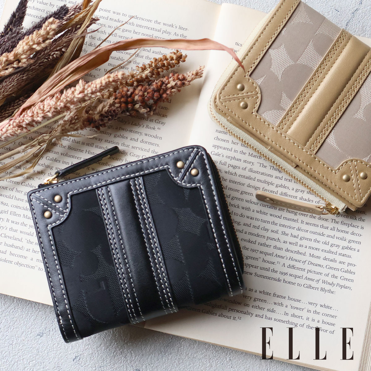 ELLE（エル） 二つ折り財布 L字ファスナー 外付け小銭入れ レディース