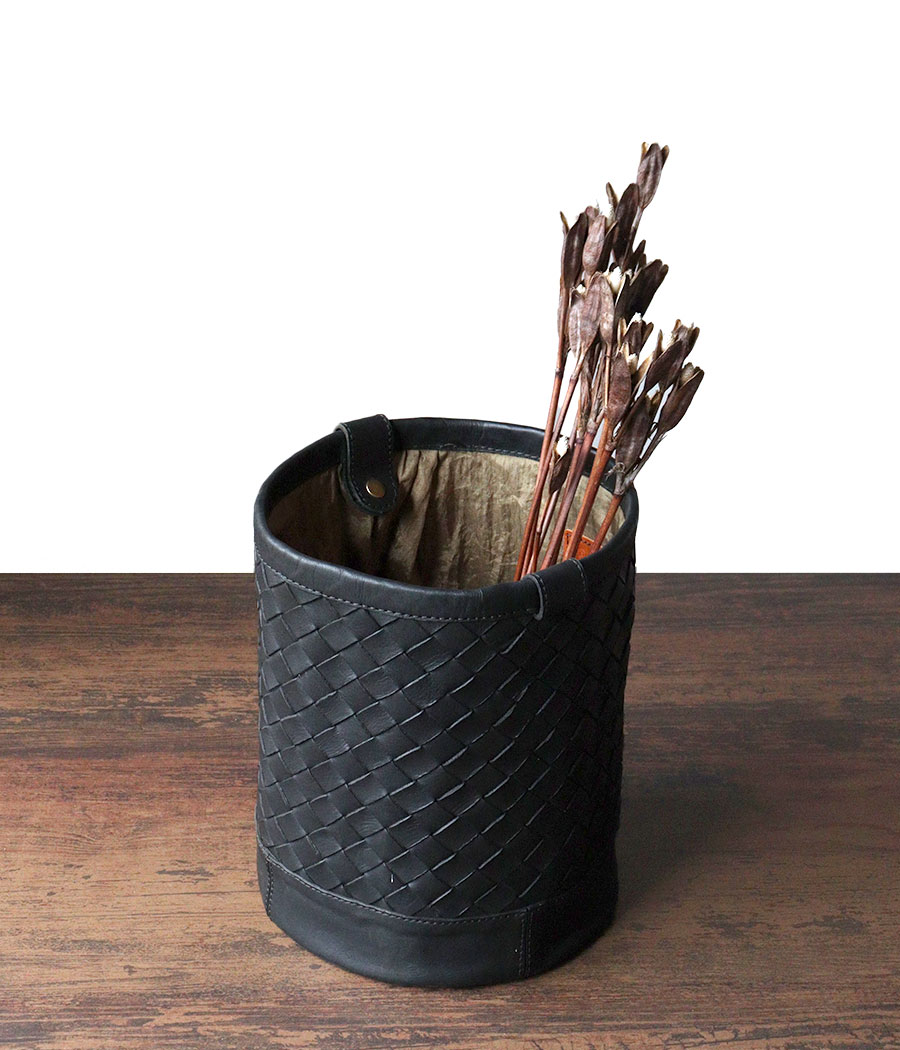 ダストボックス ドラム型ケース ゴミ箱 小物入れ メッシュレザー 本革